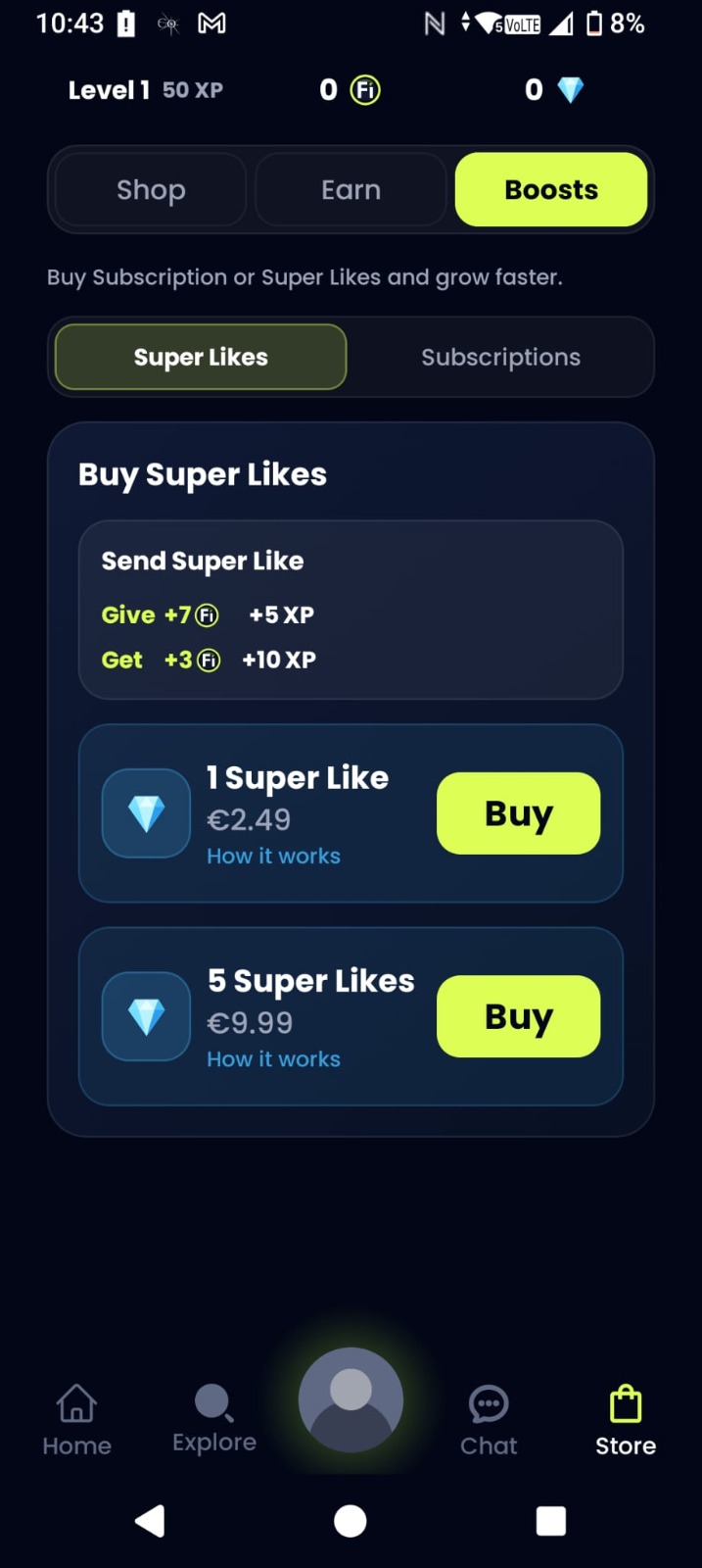 FiZone Super Likes kupnja ekran