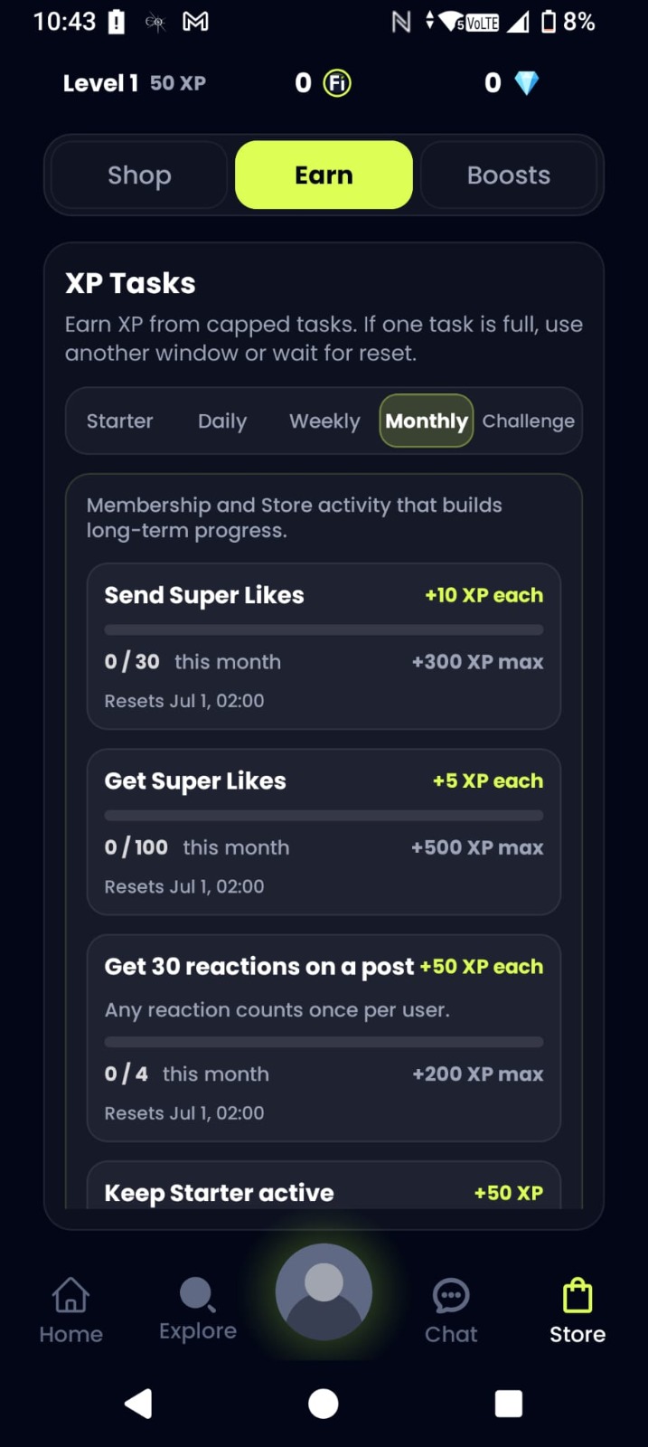FiZone XP tasks ekran za mjesečne zadatke